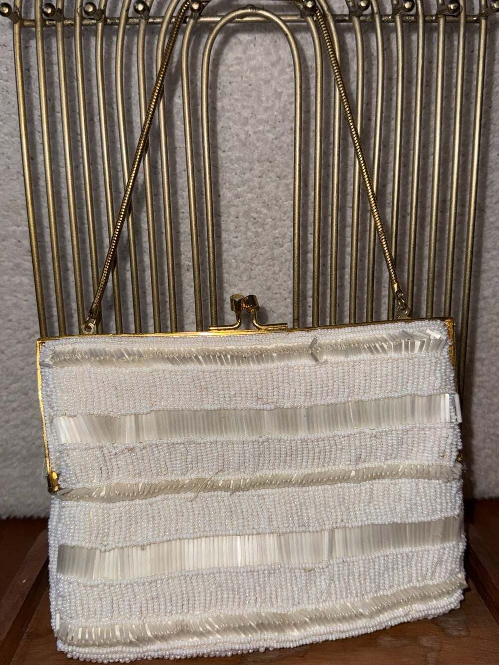 Mister Ernest Simon Beaded Evening Handbag Clutch White Gold Vintage